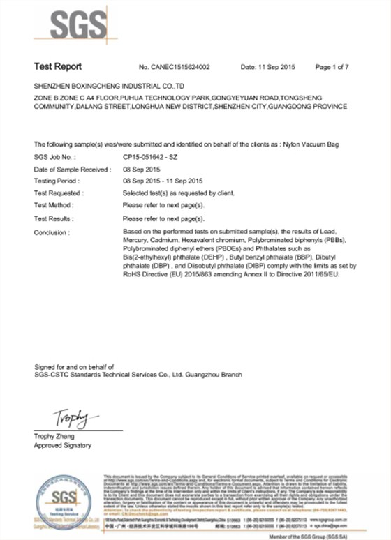 尼龙真空袋袋-ROHS检测报告-2016